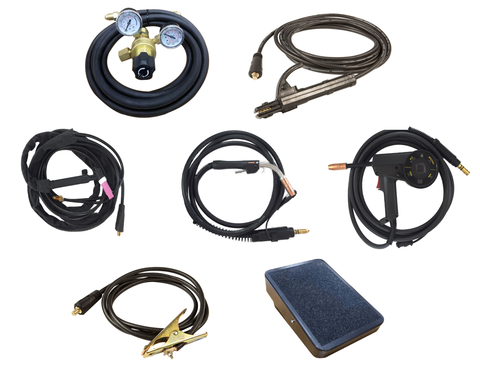 crossfire trion 250 multi process accessory package including mig torch, tig torch, foot pedal, spool gun, stick electrode holder, argon flow meter, and ground clamp
