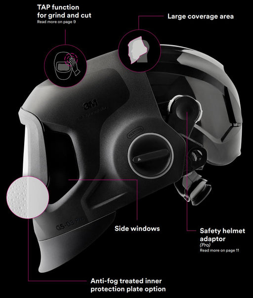 3m speedglas g5-03 welding helmet facing left with features highlighted