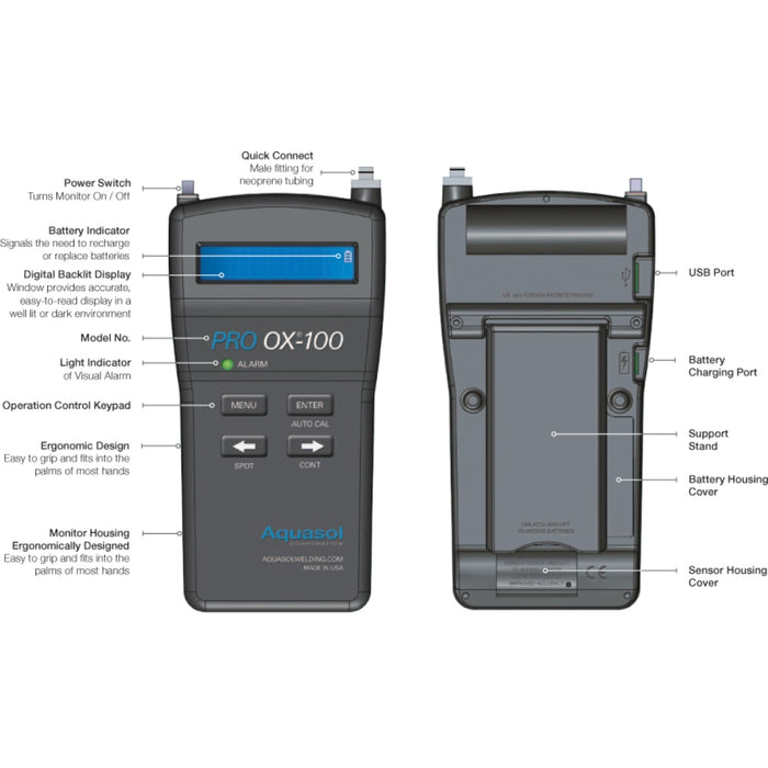 diagram showing buttons of aquasol pro ox 100 purge monitor handheld unit