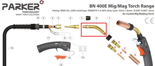 parts diagram of bernard 400 amp mig gun with 4790 swan neck highlighted