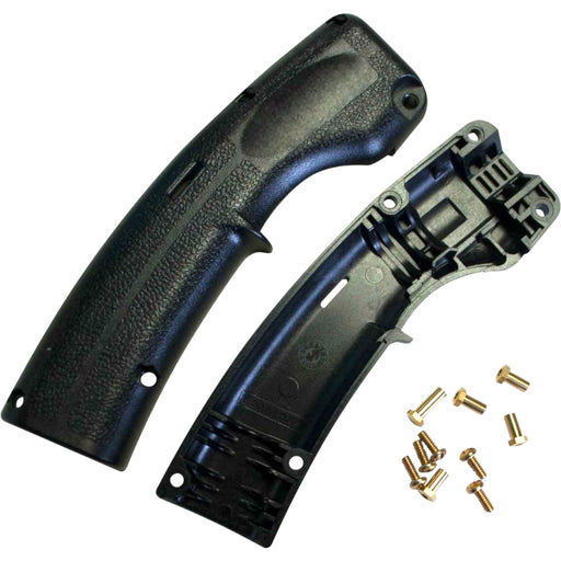 halves of bernard mig gun handle with screws next to it