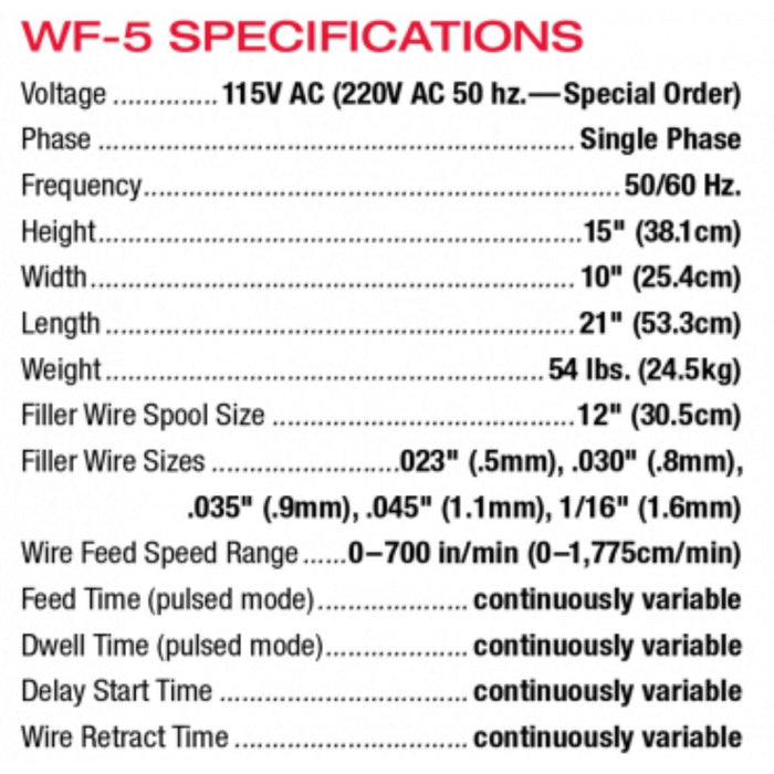 specification sheet for ck worldwide cold wire feeder including voltage and dimensions