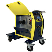 canaweld 300 multiprocess welder with doors flipped up to show drive rolls