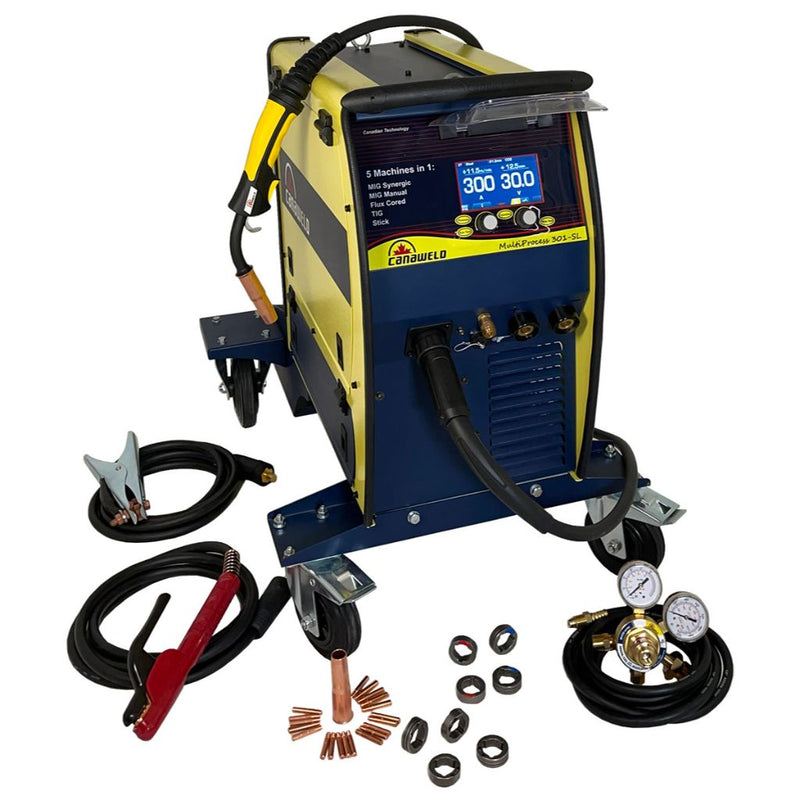 Canaweld 301-SL Multiprocess mig welder package showing accessories