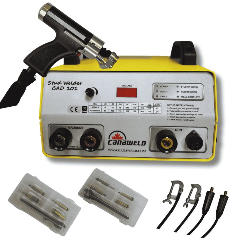 canaweld stud welder package showing gun ground clamps and consumables