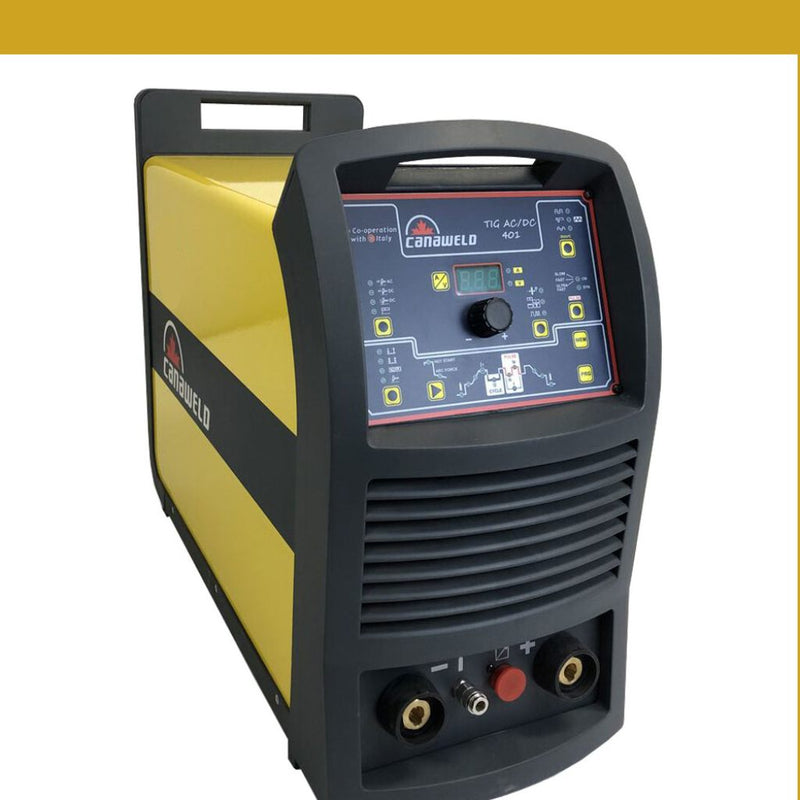 isometric view of pwoer source portion of canaweld tig 401 showing controls