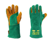 a pair of heavy duty mig welding gloves showing welted seams and reinforced palm