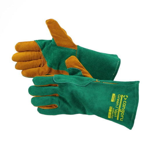 a pair of green and brown heabvy duty mig welding gloves with thumbs pointed up