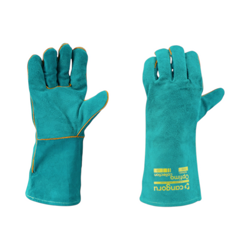 Front and back view of teal Cangoru Optima Intermittent MIG/Light-Medium Fabrication Gloves
