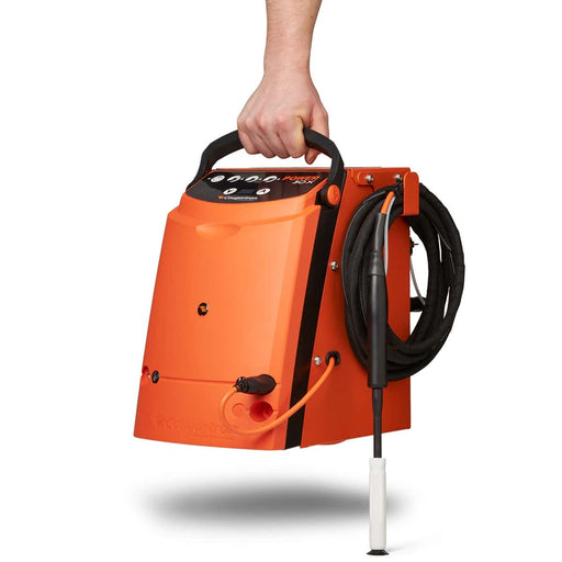 operator picking up cougartron fl20 fluid feed system connected to power 30x weld cleaner