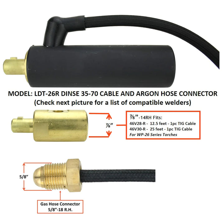 diagram of dinse 35 tig adapter for #26 tig torch showing measurements and dimensions