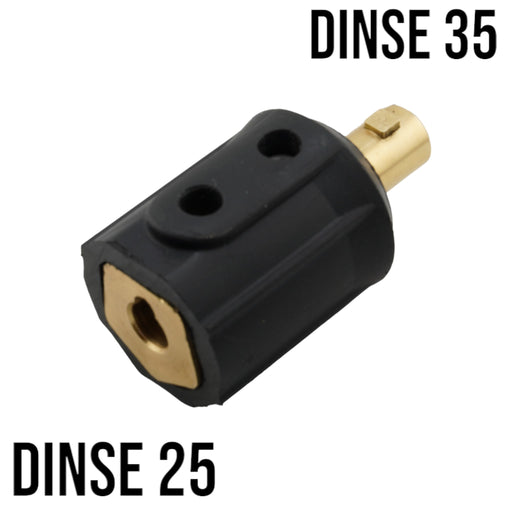 Lenco dinse 35 male to dinse 25 female adapter with each end labelled