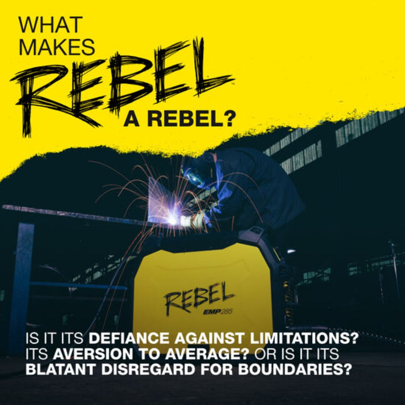 marketting picture for esab rebel 285 with esab logos and lettering