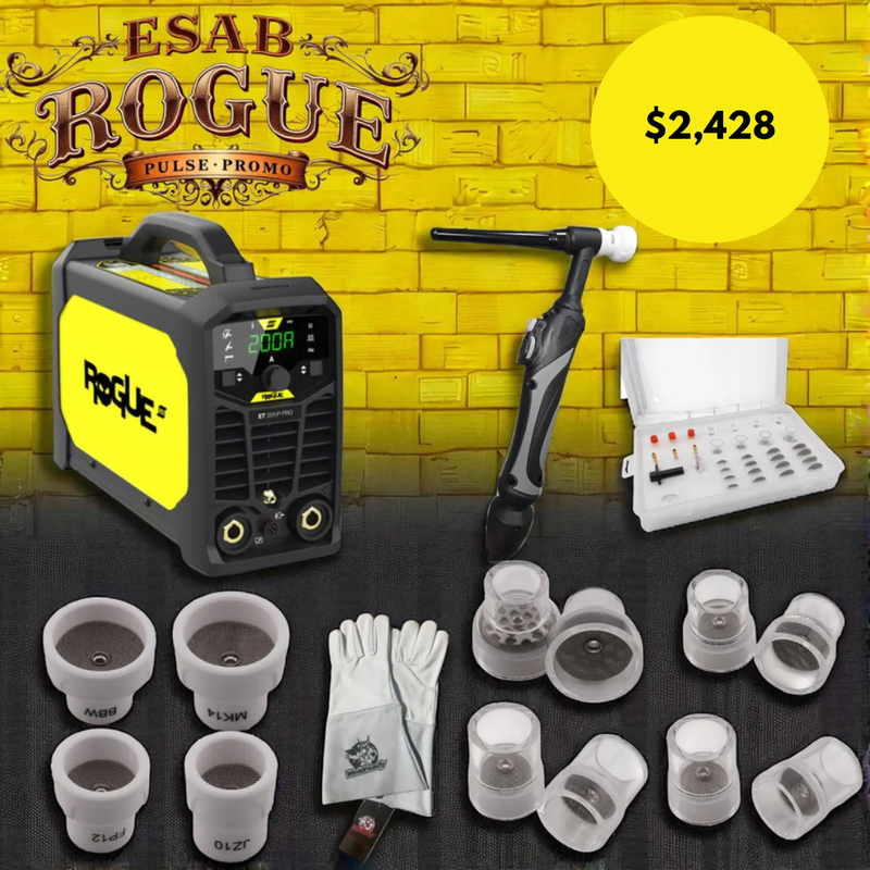 ESAB Rogue welding machine and accessories on a yellow brick wall background