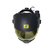 top down view of esab sentinel a60 air welding helmet showing breathing hose port and hose clip