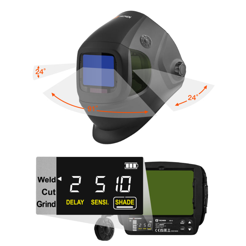diagram showing field of view and adf controls on tecmen papr welding helmet