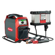 Fronius accupocket stick welder plugged in to battery charger with stinger and ground clamp