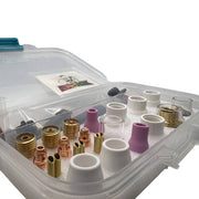 close up isometric view of furick cup starter kit showing the types of cups and thread of gas lenses