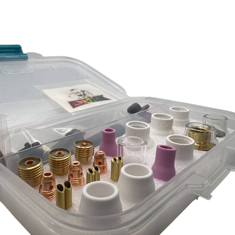 close up isometric view of furick cup starter kit showing the types of cups and thread of gas lenses