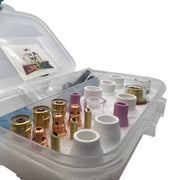 close up isometric view of furick 3 series tig cup set showing threads of gas lenses and types of cups