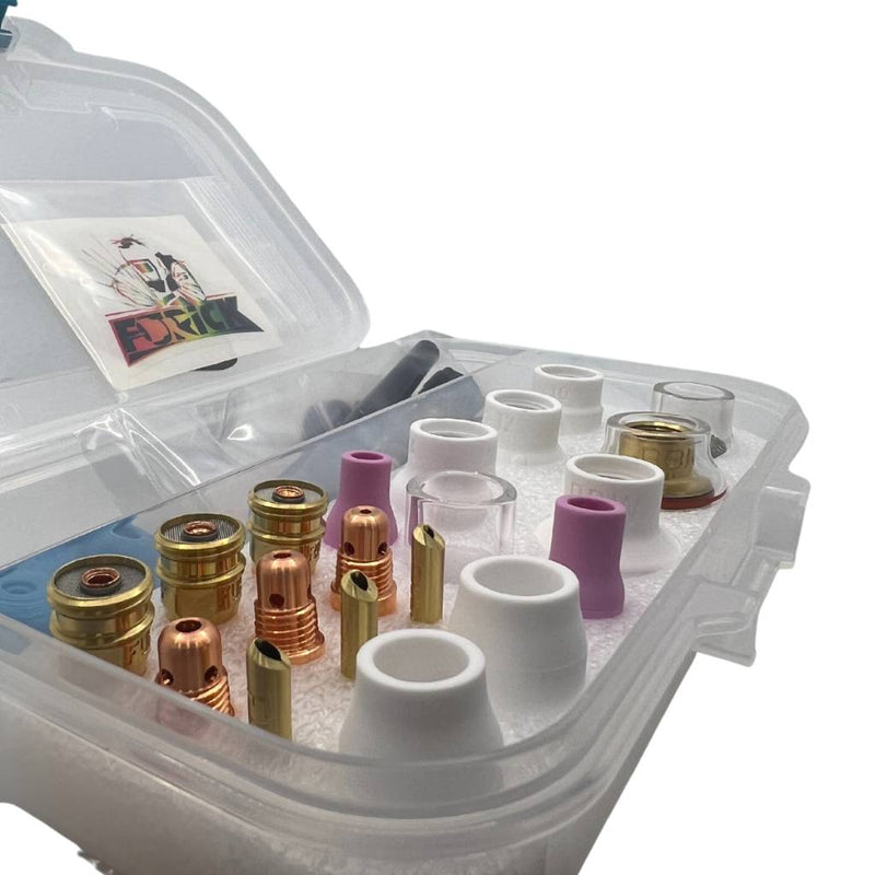 close up isometric view of furick 3 series tig cup set showing threads of gas lenses and types of cups