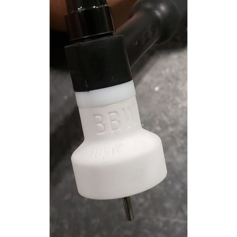 furick white ceramic tig cup on tig torch. zoomed in to show bbw etched in to cup