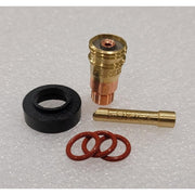 Gas lens, heat shield, wedge collet, and o-rings laid out all showing Furick Logo