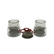 two side by side glass tig cups with diffuser screens installed and a spare screen and o rings next to them