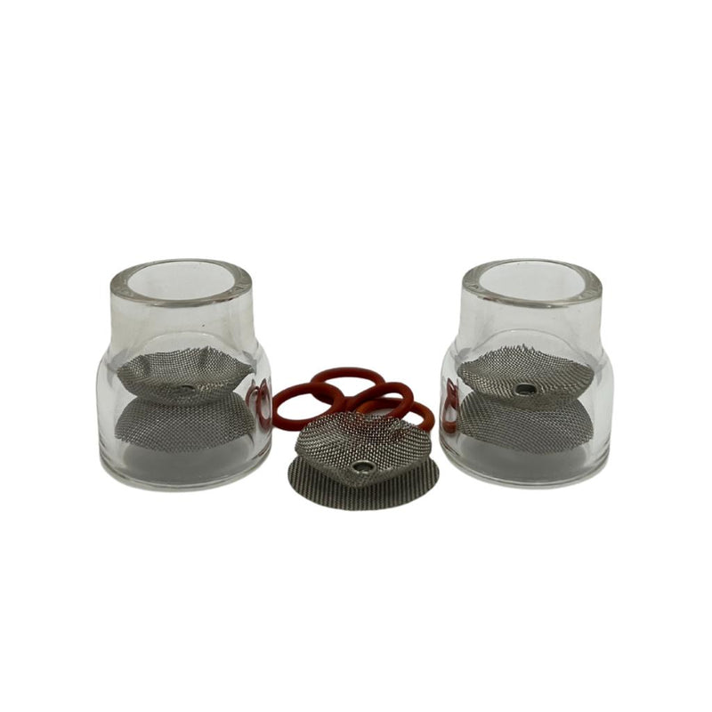 two side by side glass tig cups with diffuser screens installed and a spare screen and o rings next to them