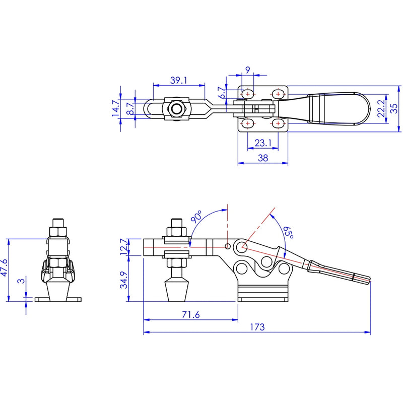 diagram with dimensions of gh-225-d toggle clamp