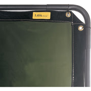 green welding curtain in frame showing lava shield
