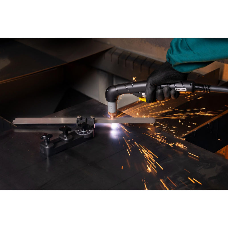 demonstration of how angled plasma cutting guide can cut corner off sheet of steel