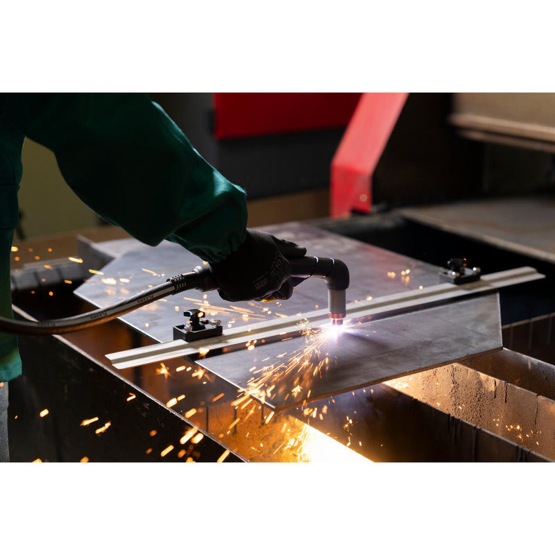 man using intellicut plasma cutting guide to cut a sheet half way through