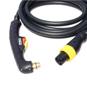 coiled intellicut brand thermal dynamics compatible plasma torch showing threads of torch head next to TD cutmaster machine connection