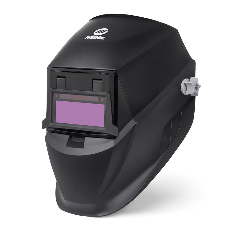 miller classic flip up welding helmet angled to the left