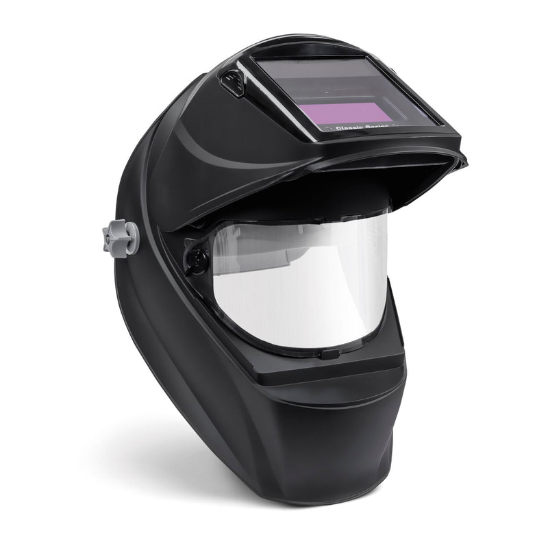 Miller classic welding helmet with the front flipped open to reveal a grinding shield