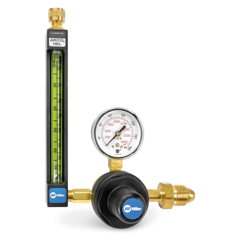 main image of Miller regulator flowmeter showing pressure gauge and flowmeter with AR/CO2 HEL imprinted on it
