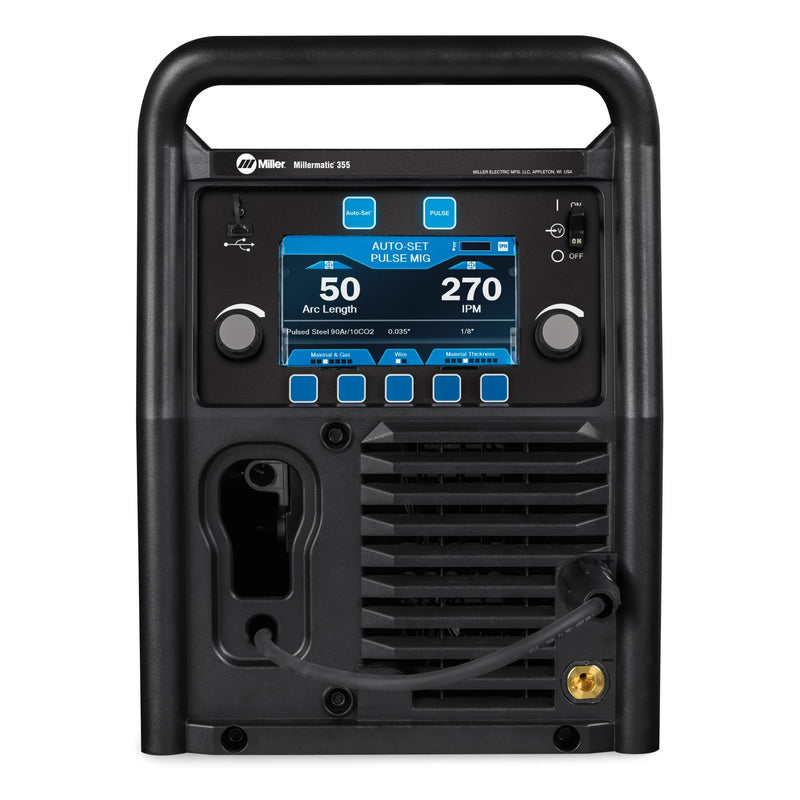fron control panel of millermatic 355 mig welder showing auto set pulsed mig
