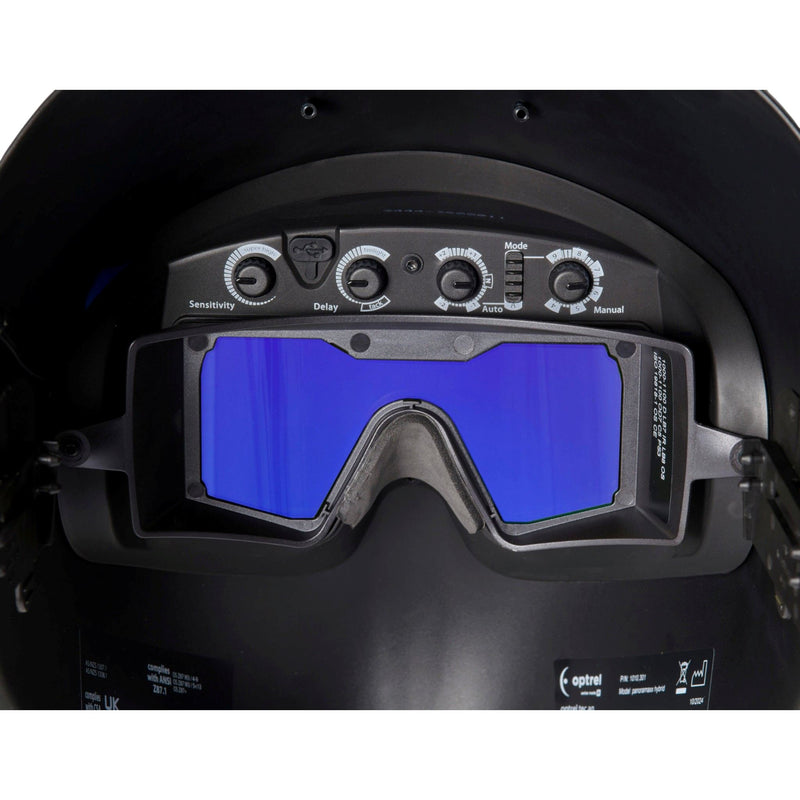 Close up view of controls for Optrel Panoramaxx Hybrid Laser Welding Helmet
