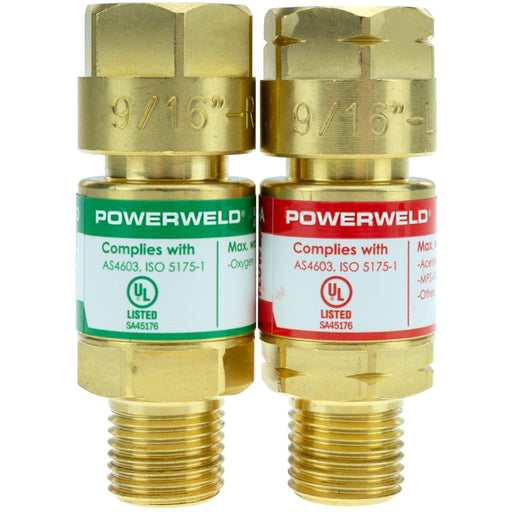 Powerweld Oxy-Fuel Flashback arrestors showing 9/16" thread marking