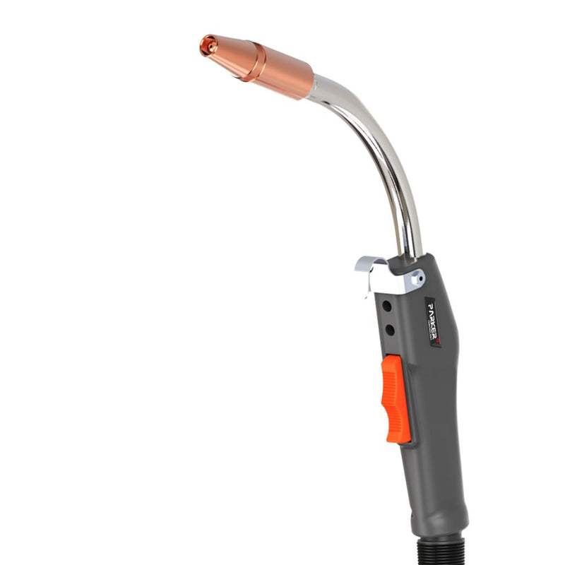 MIG gun with tweco 500 amp consumables on the end showing parker logo