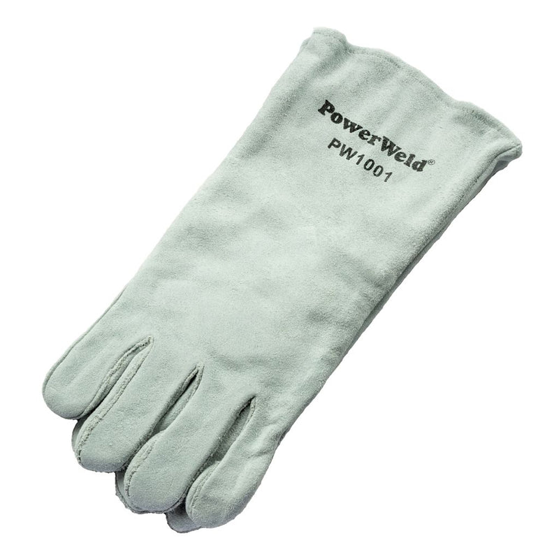 white leather welding glove with powerweld PW1001 stamped on the side