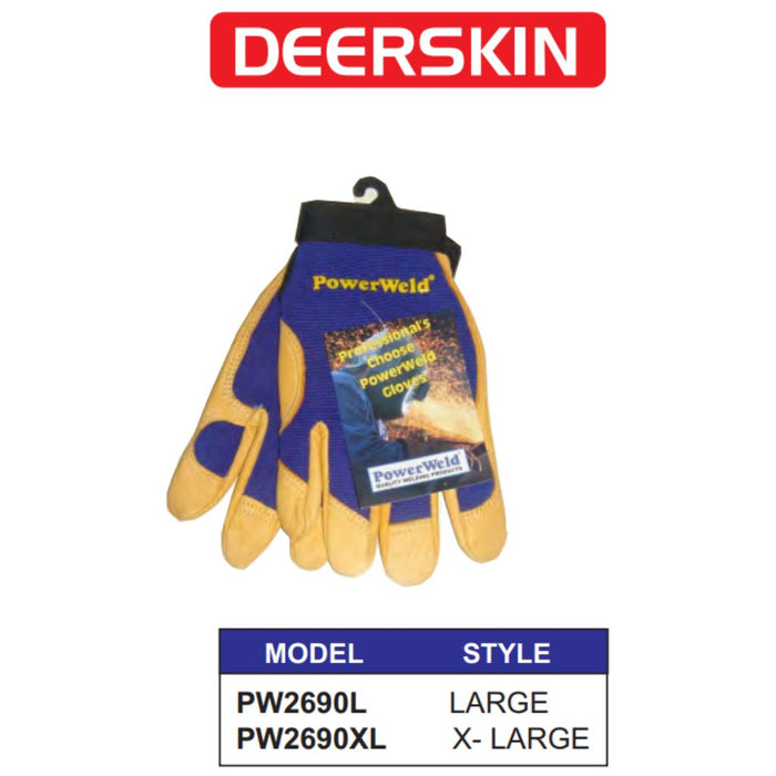 infographic showing powerweld deerskin mechanics gloves with sizes available