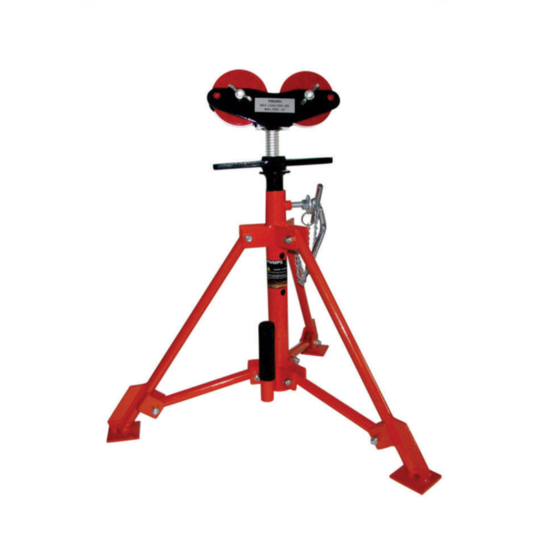 medium orange pipe stand with two roller wheels on head