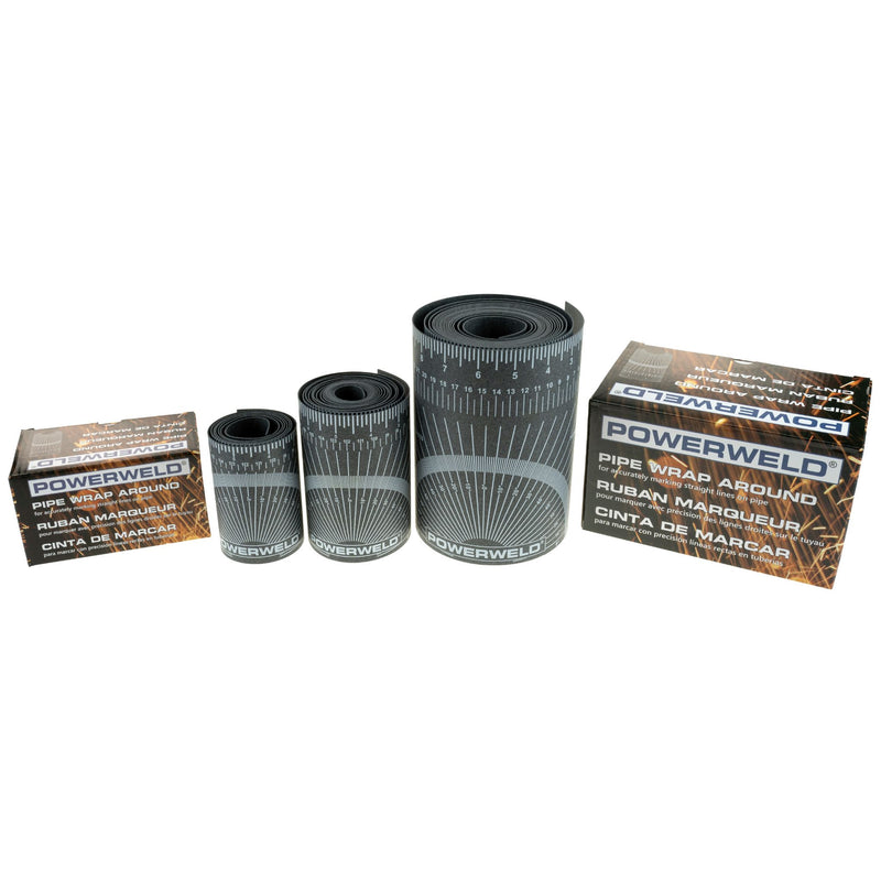 Powerweld pipe wrap around tools laid out to display different sizes