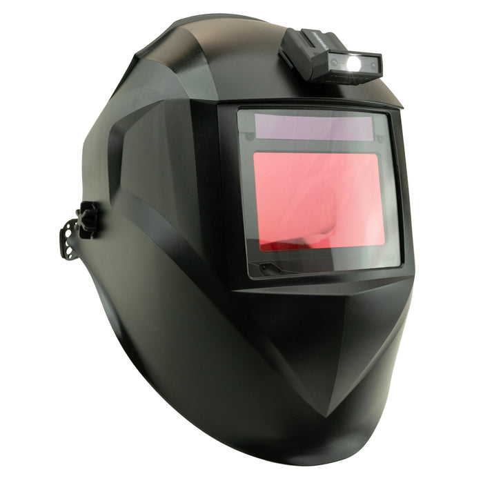 powerweld welding helmet mounted flashlight installed with light on
