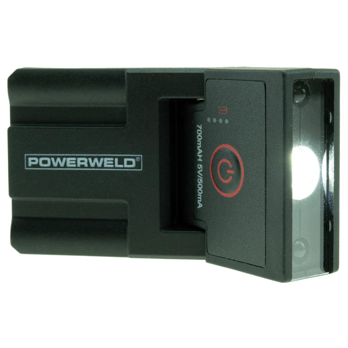 powerweld welding helmet mounted flashlight with light turned on