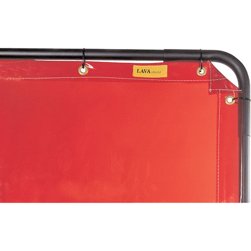 red welding curtain in frame secured with grommets