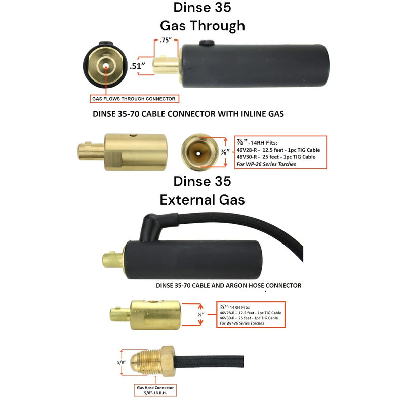 Diagram showing measurements of tig torch machine connections for 26 series tig torch