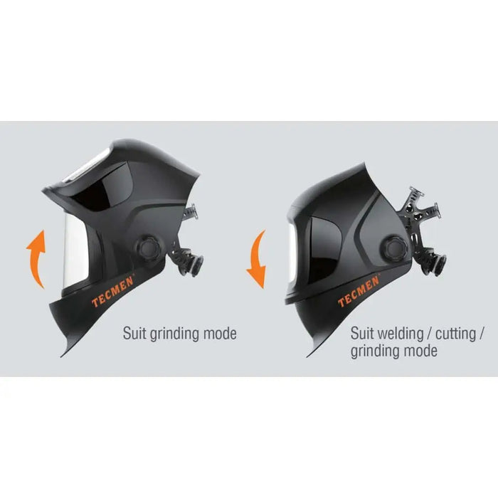 graphic showing how lens can flip up and down on tecmen tm1000 welding helmet